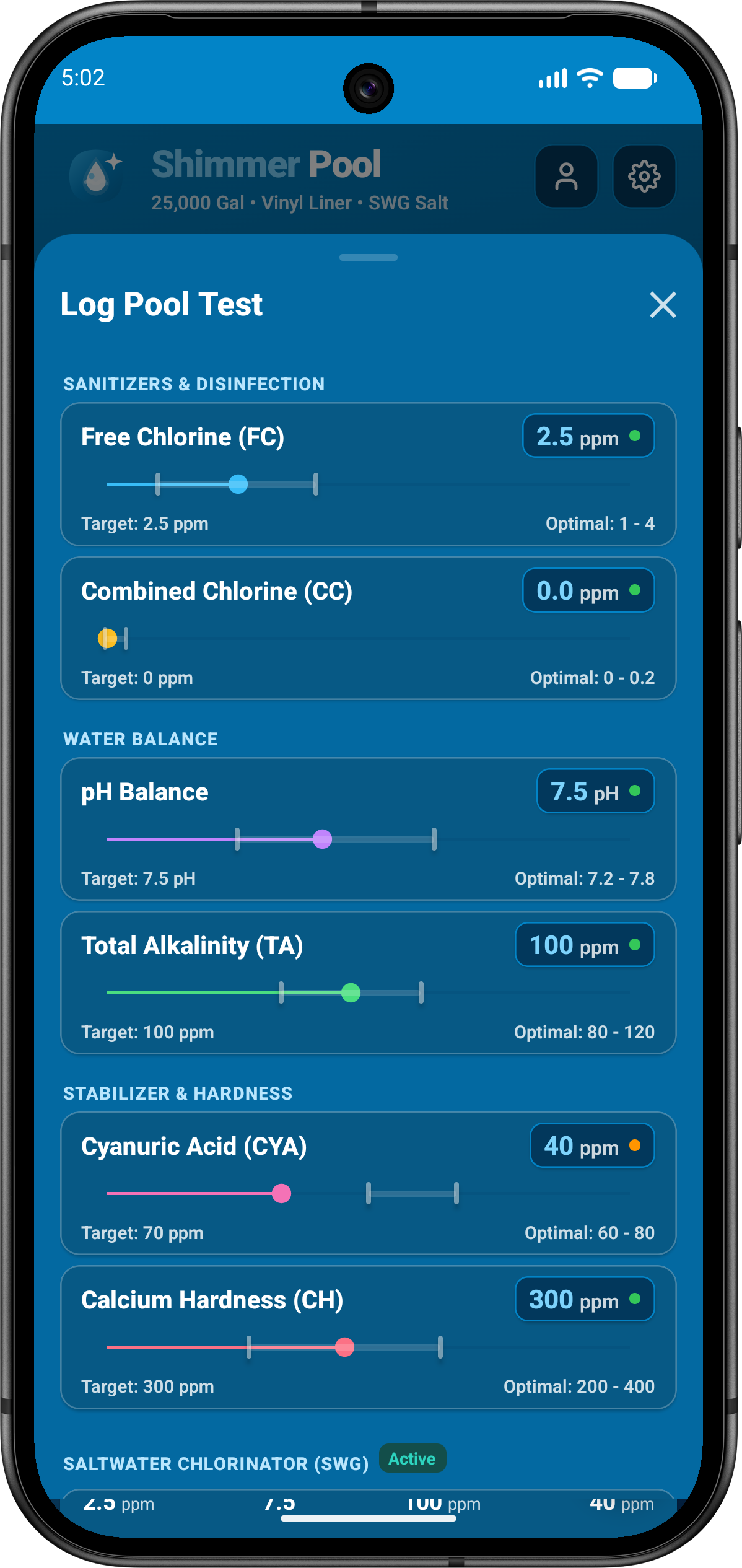 ShimmerPool log pool test screen with tactile color-coded sliders for each chemical